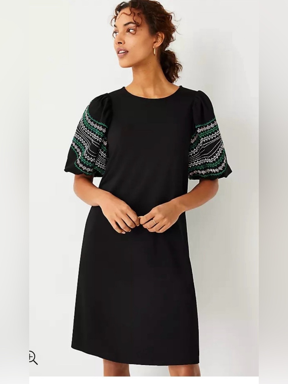 Ann Taylor Black Shift Dress with Embroidered Puff Sleeves size L